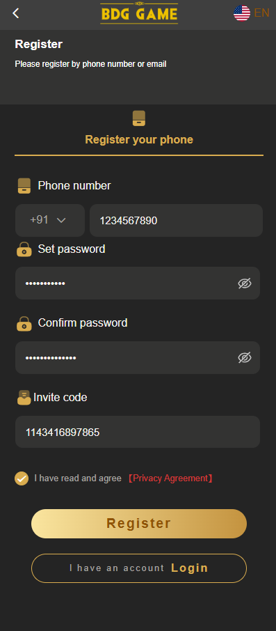 BDG Games registration form showing mobile number and password fields